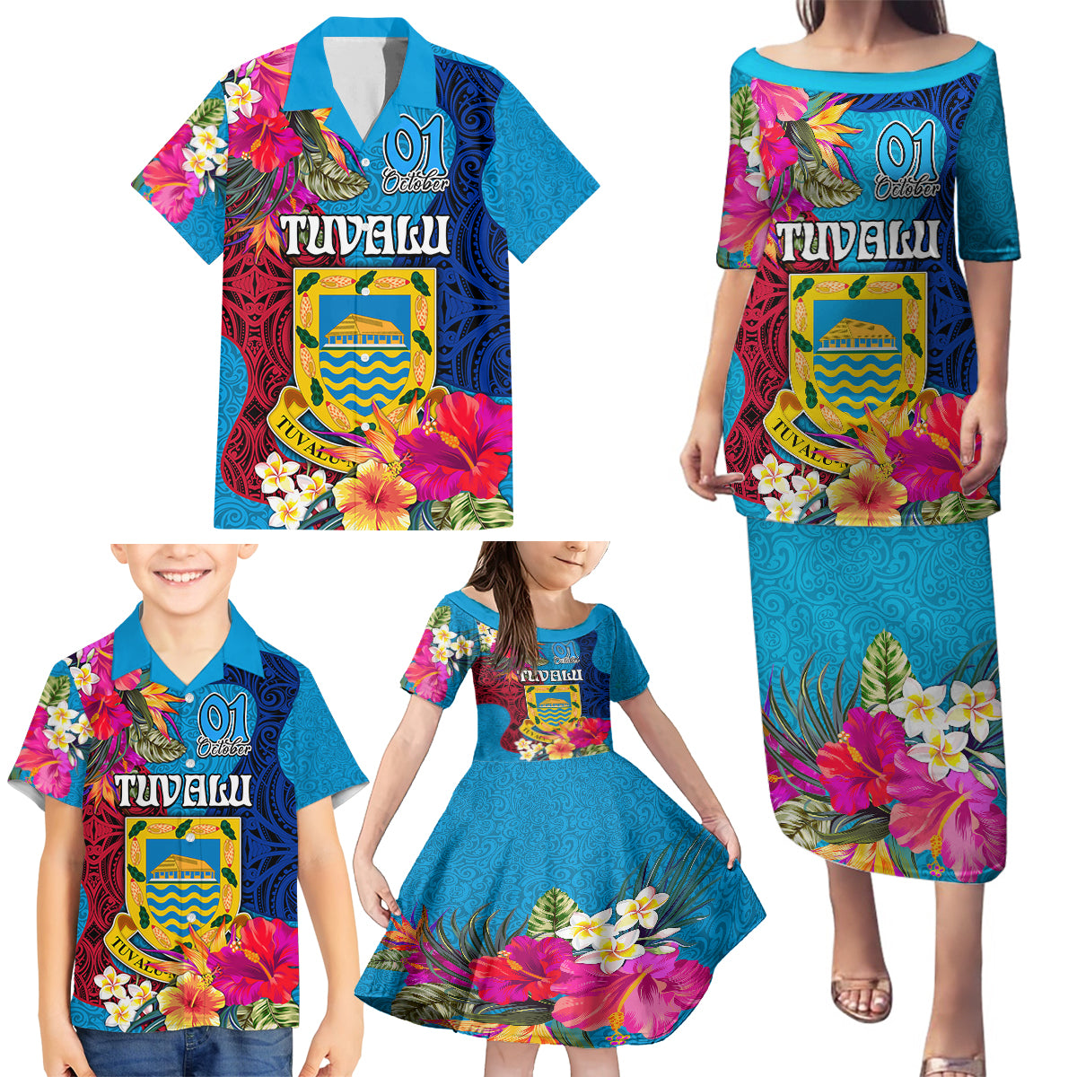 personalised-tuvalu-independence-day-family-matching-puletasi-dress-and-hawaiian-shirt-1st-october-45th-anniversary-polynesian-with-jungle-flower