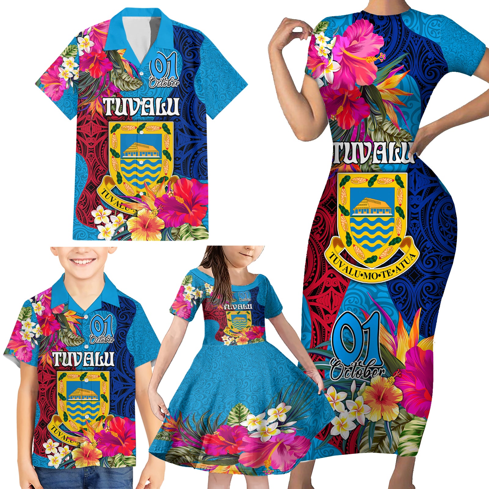 personalised-tuvalu-independence-day-family-matching-short-sleeve-bodycon-dress-and-hawaiian-shirt-1st-october-45th-anniversary-polynesian-with-jungle-flower