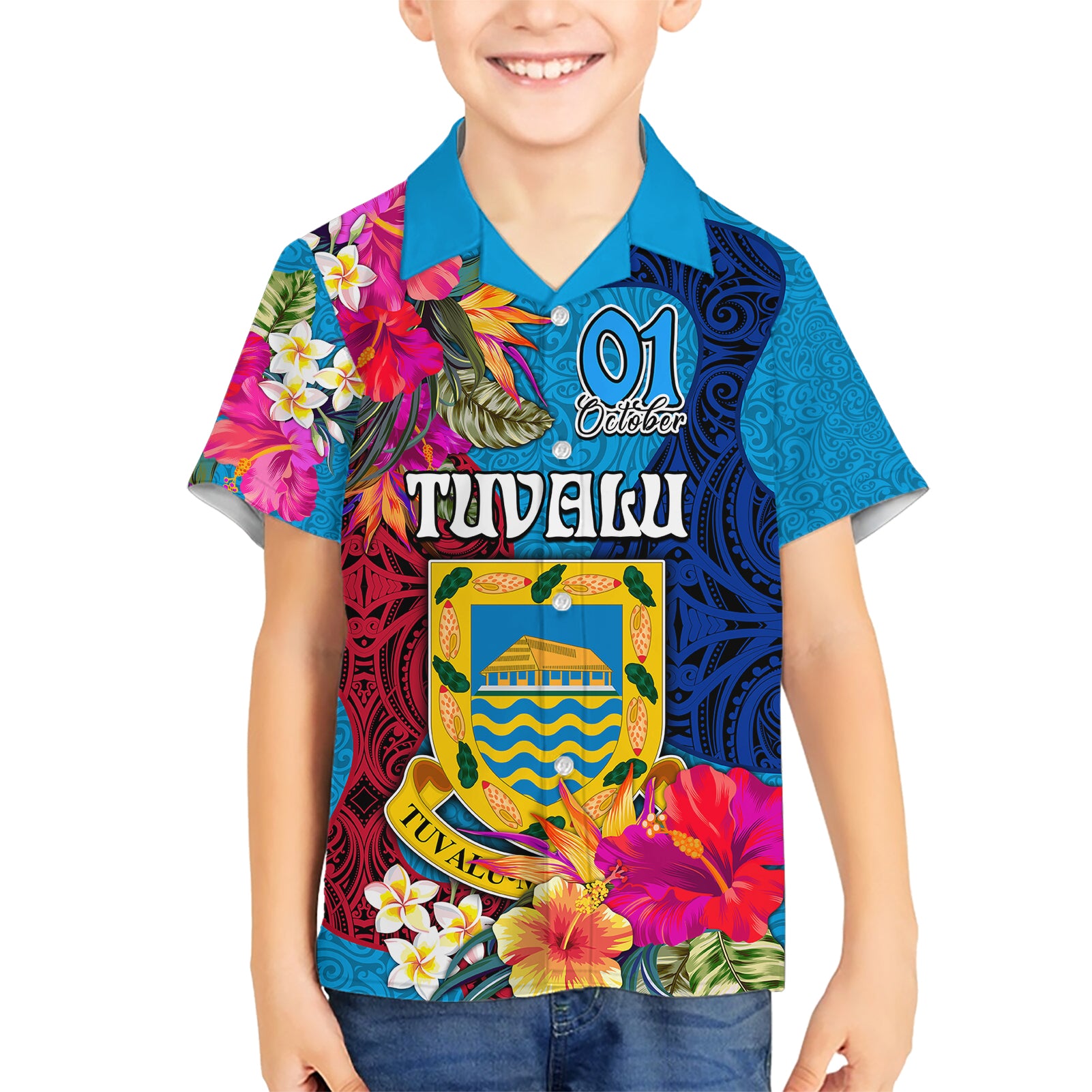 personalised-tuvalu-independence-day-kid-hawaiian-shirt-1st-october-45th-anniversary-polynesian-with-jungle-flower