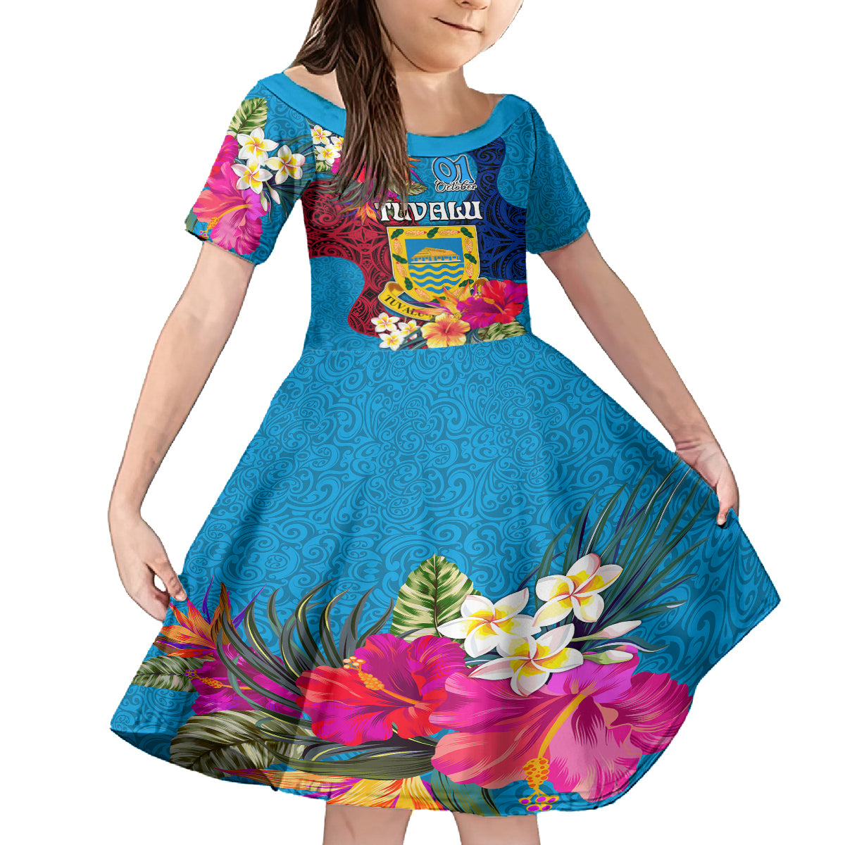 personalised-tuvalu-independence-day-kid-short-sleeve-dress-1st-october-45th-anniversary-polynesian-with-jungle-flower