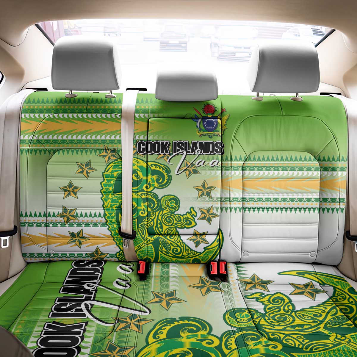 Cook Islands Va'a Race Back Car Seat Cover Te Tatau Tattoos Sporty Style Green-White Color - Polynesian Pride