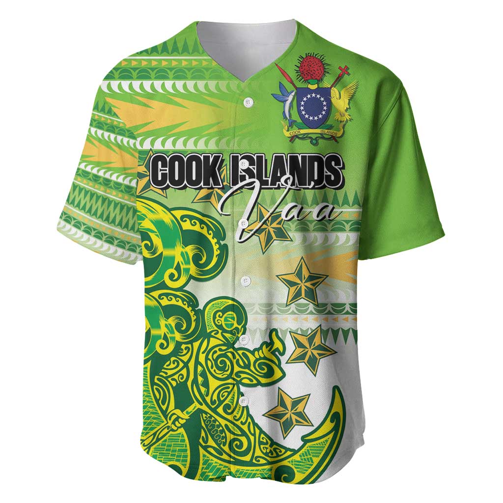 Personalised Cook Islands Va'a Race Baseball Jersey Te Tatau Tattoos Sporty Style Green-White Color - Polynesian Pride