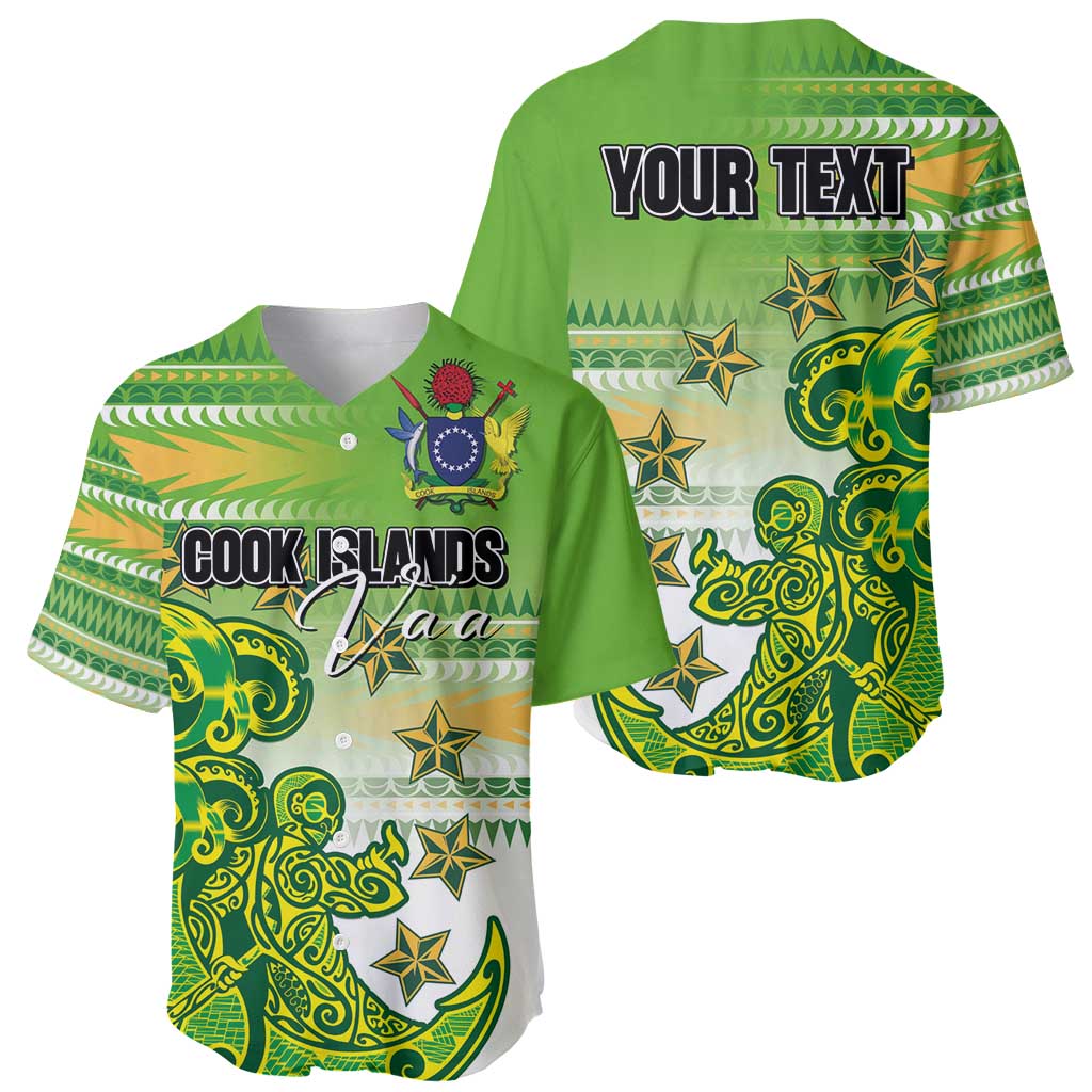 Personalised Cook Islands Va'a Race Baseball Jersey Te Tatau Tattoos Sporty Style Green-White Color - Polynesian Pride