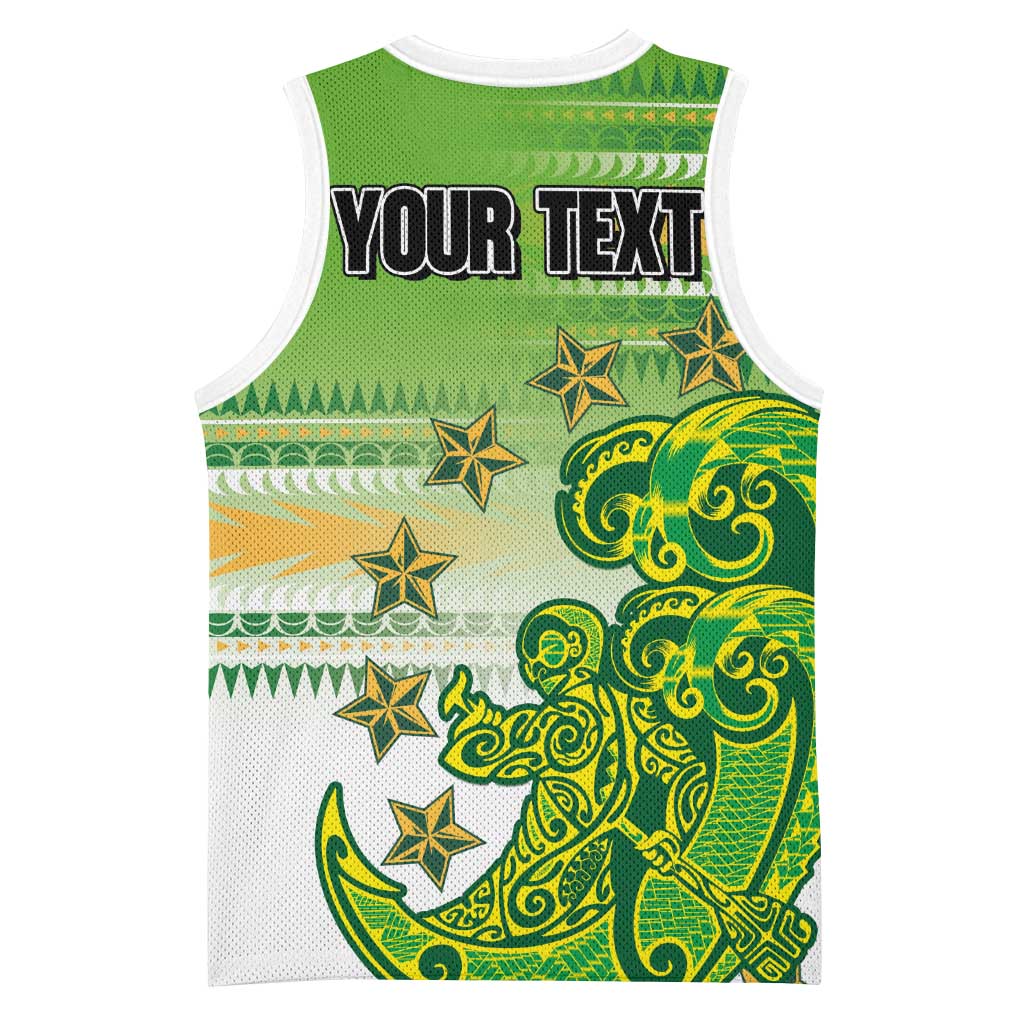 Personalised Cook Islands Va'a Race Basketball Jersey Te Tatau Tattoos Sporty Style Green-White Color - Polynesian Pride