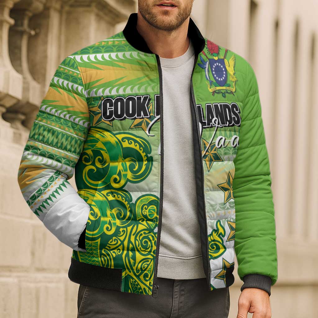 Personalised Cook Islands Va'a Race Bomber Puffer Jacket Te Tatau Tattoos Sporty Style Green-White Color - Polynesian Pride