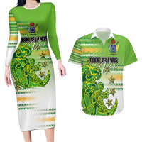 Personalised Cook Islands Va'a Race Couples Matching Long Sleeve Bodycon Dress and Hawaiian Shirt Te Tatau Tattoos Sporty Style Green-White Color - Polynesian Pride