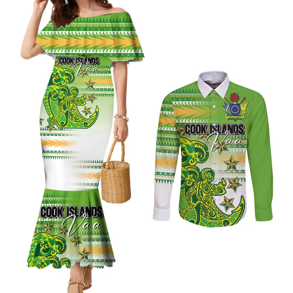 Personalised Cook Islands Va'a Race Couples Matching Mermaid Dress and Long Sleeve Button Shirt Te Tatau Tattoos Sporty Style Green-White Color - Polynesian Pride