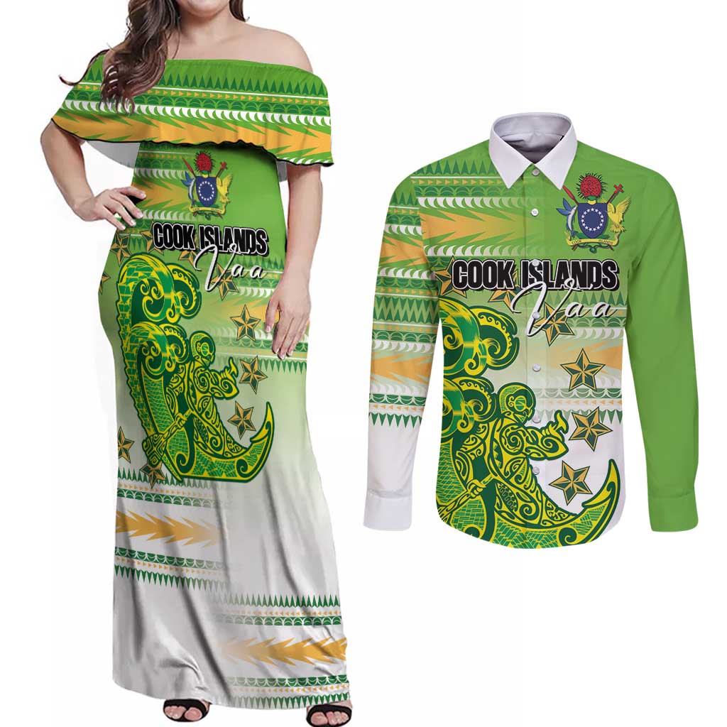 Personalised Cook Islands Va'a Race Couples Matching Off Shoulder Maxi Dress and Long Sleeve Button Shirt Te Tatau Tattoos Sporty Style Green-White Color - Polynesian Pride