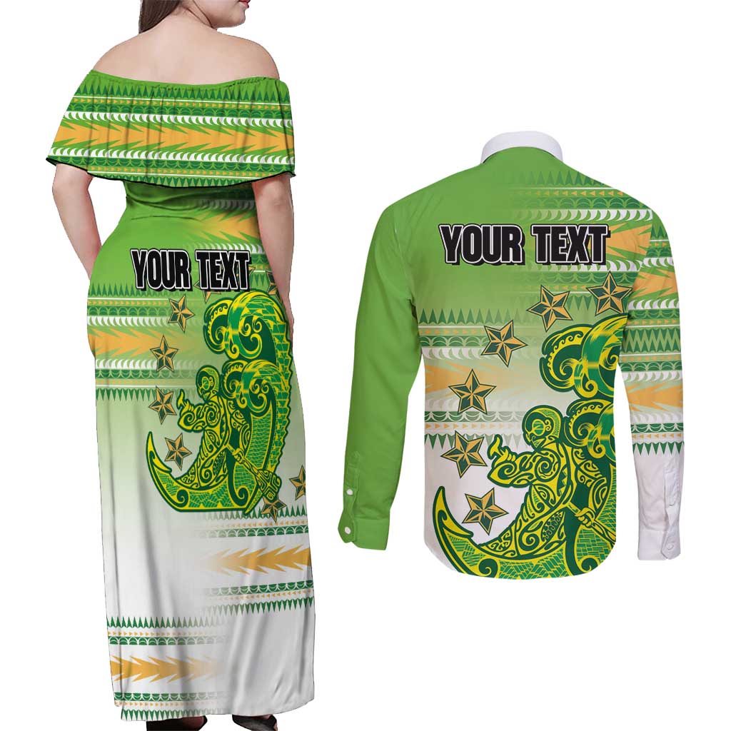 Personalised Cook Islands Va'a Race Couples Matching Off Shoulder Maxi Dress and Long Sleeve Button Shirt Te Tatau Tattoos Sporty Style Green-White Color - Polynesian Pride
