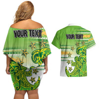 Personalised Cook Islands Va'a Race Couples Matching Off Shoulder Short Dress and Hawaiian Shirt Te Tatau Tattoos Sporty Style Green-White Color - Polynesian Pride