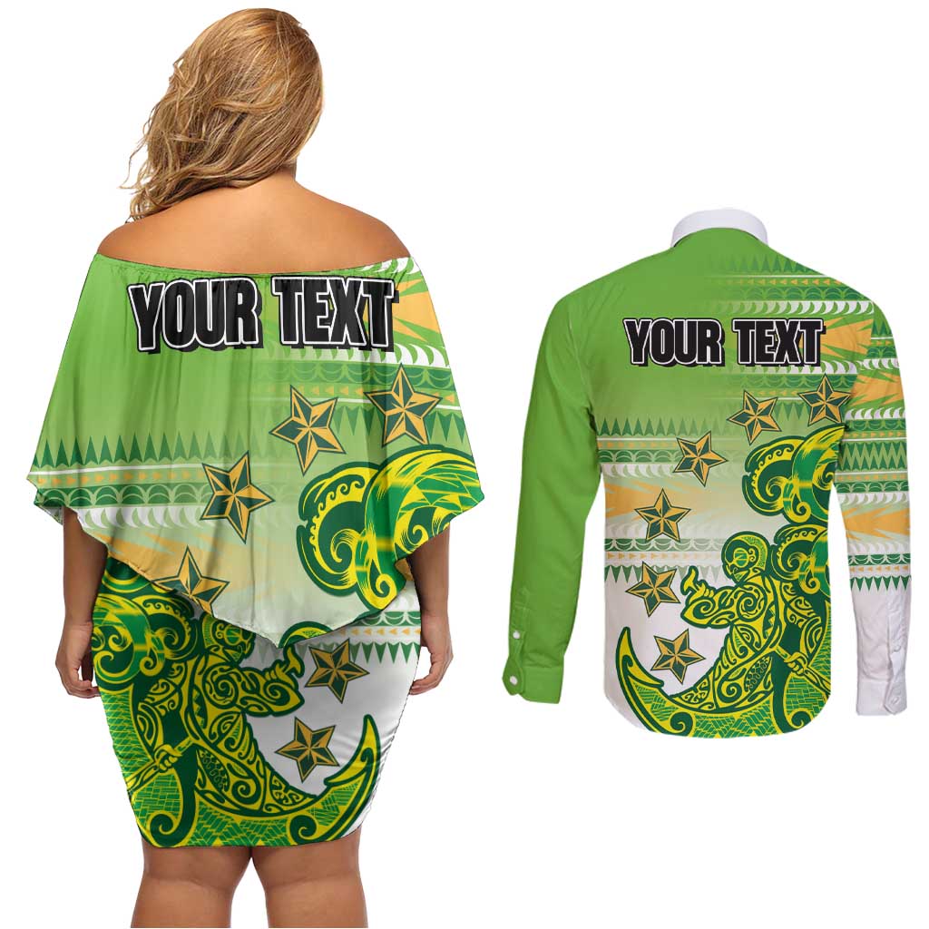 Personalised Cook Islands Va'a Race Couples Matching Off Shoulder Short Dress and Long Sleeve Button Shirt Te Tatau Tattoos Sporty Style Green-White Color - Polynesian Pride