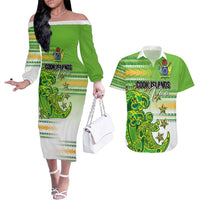 Personalised Cook Islands Va'a Race Couples Matching Off The Shoulder Long Sleeve Dress and Hawaiian Shirt Te Tatau Tattoos Sporty Style Green-White Color - Polynesian Pride
