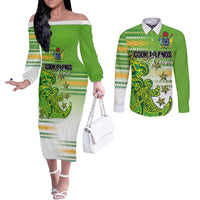 Personalised Cook Islands Va'a Race Couples Matching Off The Shoulder Long Sleeve Dress and Long Sleeve Button Shirt Te Tatau Tattoos Sporty Style Green-White Color - Polynesian Pride
