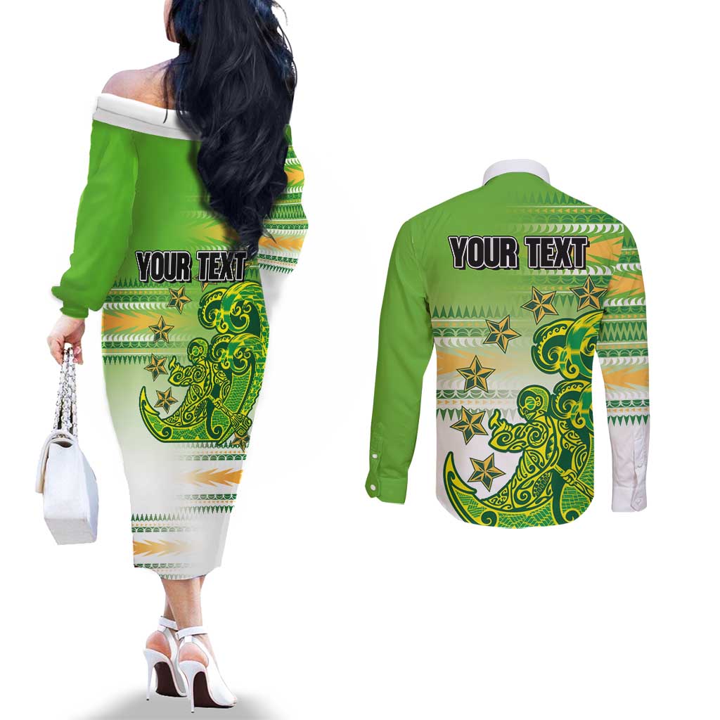 Personalised Cook Islands Va'a Race Couples Matching Off The Shoulder Long Sleeve Dress and Long Sleeve Button Shirt Te Tatau Tattoos Sporty Style Green-White Color - Polynesian Pride