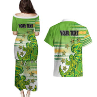 Personalised Cook Islands Va'a Race Couples Matching Puletasi and Hawaiian Shirt Te Tatau Tattoos Sporty Style Green-White Color - Polynesian Pride