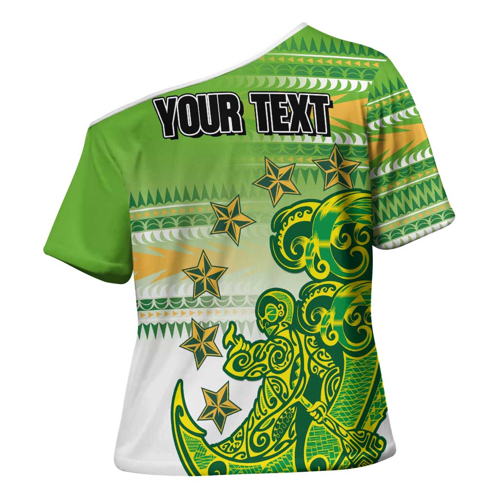 Personalised Cook Islands Va'a Race Cross Shoulder Shirt Te Tatau Tattoos Sporty Style Green-White Color - Polynesian Pride