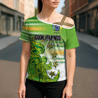 Personalised Cook Islands Va'a Race Cross Shoulder Shirt Te Tatau Tattoos Sporty Style Green-White Color - Polynesian Pride