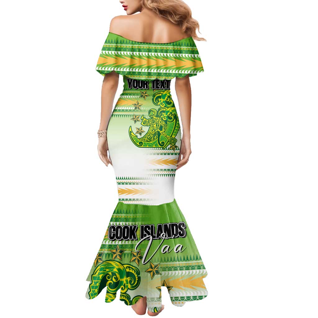 Personalised Cook Islands Va'a Race Family Matching Mermaid Dress and Hawaiian Shirt Te Tatau Tattoos Sporty Style Green-White Color - Polynesian Pride