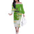 Personalised Cook Islands Va'a Race Family Matching Off The Shoulder Long Sleeve Dress and Hawaiian Shirt Te Tatau Tattoos Sporty Style Green-White Color - Polynesian Pride