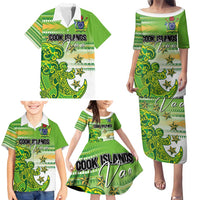 Personalised Cook Islands Va'a Race Family Matching Puletasi and Hawaiian Shirt Te Tatau Tattoos Sporty Style Green-White Color - Polynesian Pride
