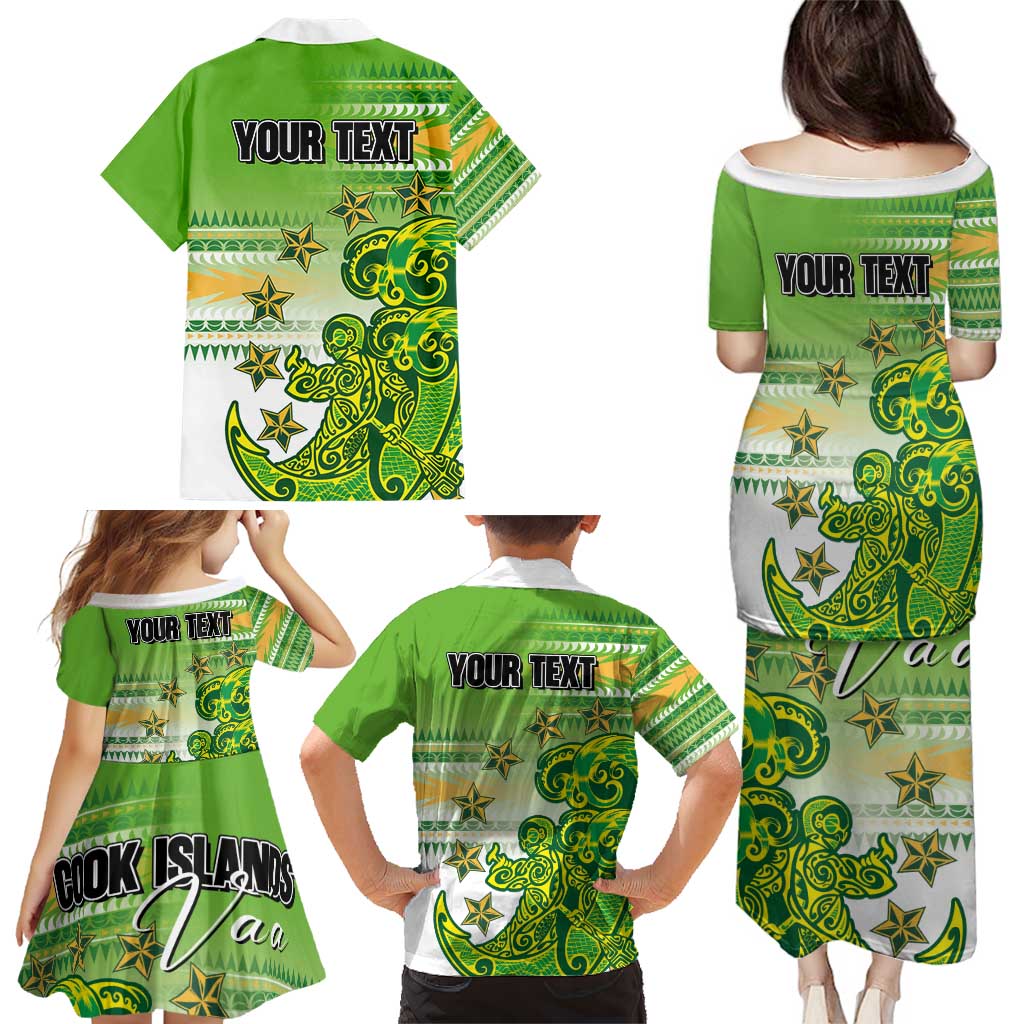 Personalised Cook Islands Va'a Race Family Matching Puletasi and Hawaiian Shirt Te Tatau Tattoos Sporty Style Green-White Color - Polynesian Pride