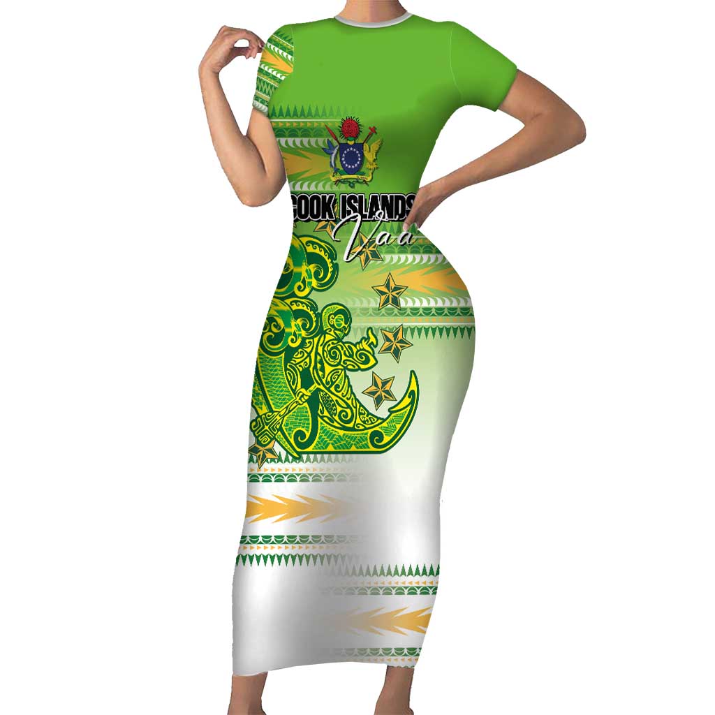 Personalised Cook Islands Va'a Race Family Matching Short Sleeve Bodycon Dress and Hawaiian Shirt Te Tatau Tattoos Sporty Style Green-White Color - Polynesian Pride