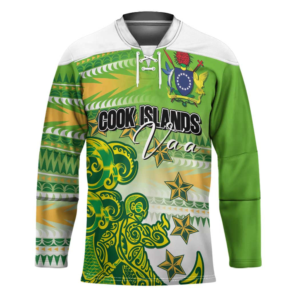 Personalised Cook Islands Va'a Race Hockey Jersey Te Tatau Tattoos Sporty Style Green-White Color - Polynesian Pride