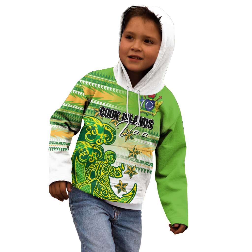 Personalised Cook Islands Va'a Race Kid Hoodie Te Tatau Tattoos Sporty Style Green-White Color - Polynesian Pride