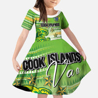 Personalised Cook Islands Va'a Race Kid Short Sleeve Dress Te Tatau Tattoos Sporty Style Green-White Color - Polynesian Pride
