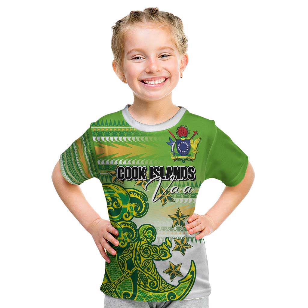 Personalised Cook Islands Va'a Race Kid T Shirt Te Tatau Tattoos Sporty Style Green-White Color - Polynesian Pride