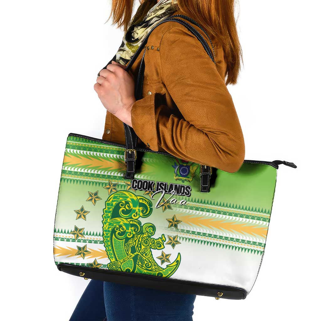 Cook Islands Va'a Race Leather Tote Bag Te Tatau Tattoos Sporty Style Green-White Color - Polynesian Pride