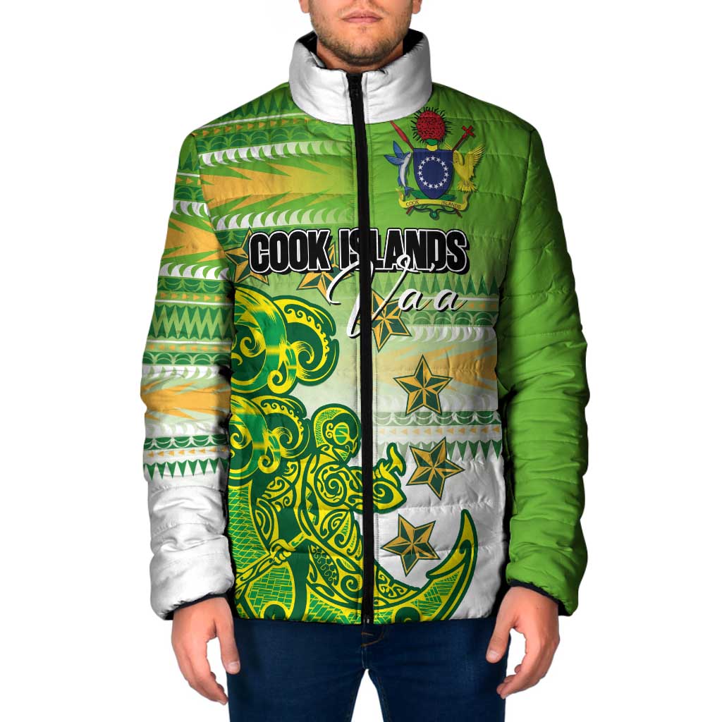 Personalised Cook Islands Va'a Race Padded Jacket Te Tatau Tattoos Sporty Style Green-White Color - Polynesian Pride