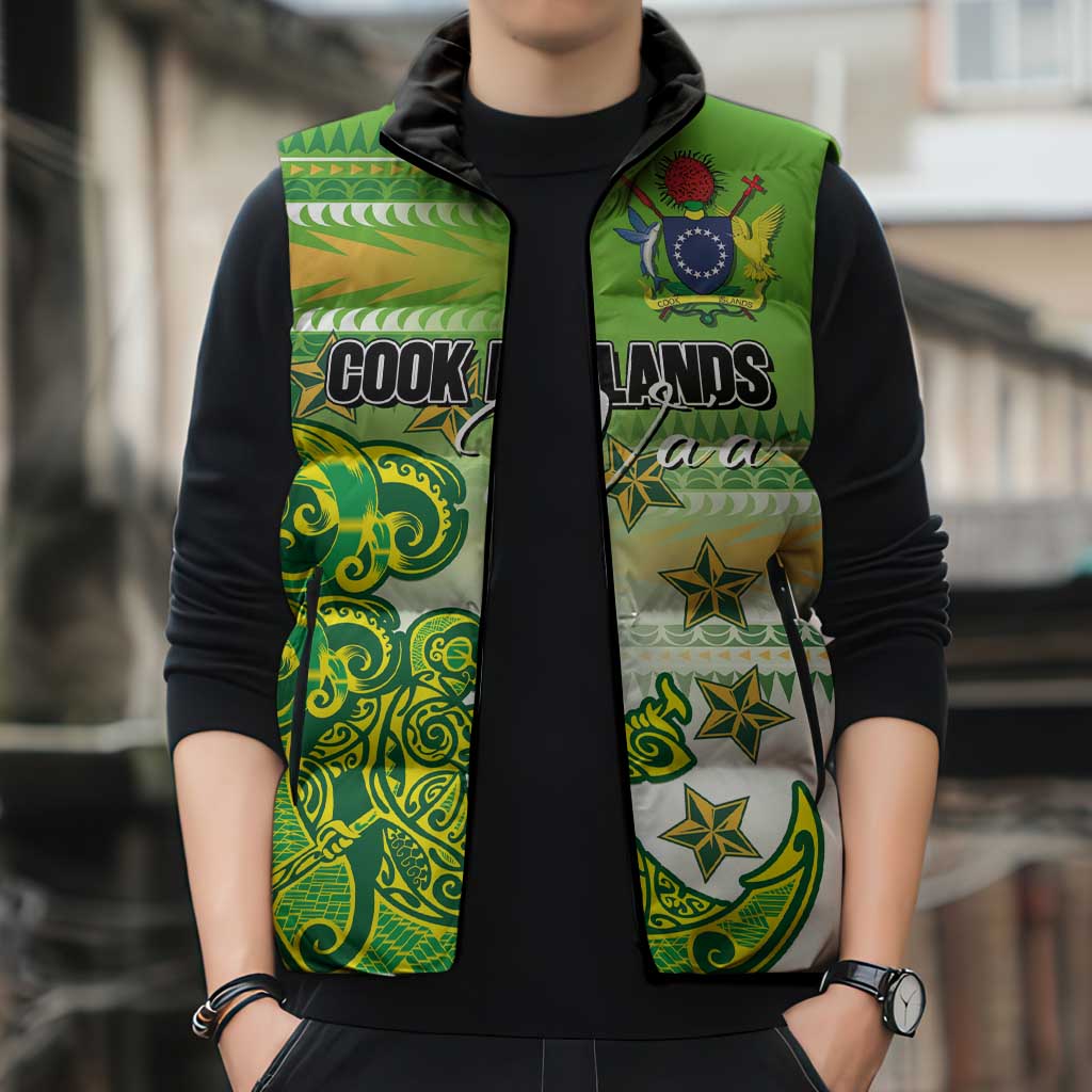 Personalised Cook Islands Va'a Race Sleeveless Puffer Jacket Te Tatau Tattoos Sporty Style Green-White Color - Polynesian Pride