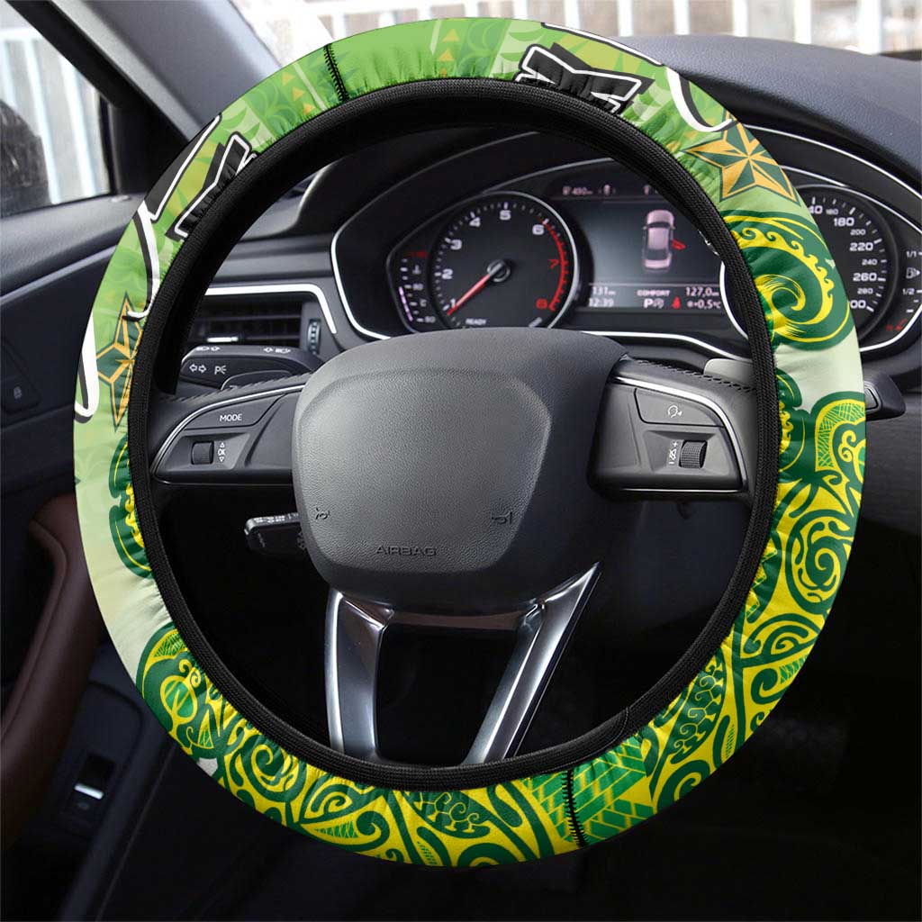 Cook Islands Va'a Race Steering Wheel Cover Te Tatau Tattoos Sporty Style Green-White Color - Polynesian Pride