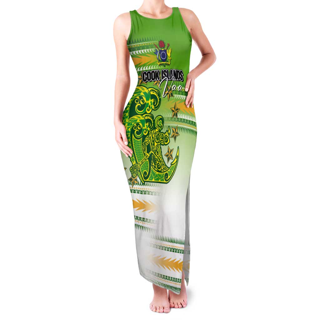 Personalised Cook Islands Va'a Race Tank Maxi Dress Te Tatau Tattoos Sporty Style Green-White Color - Polynesian Pride