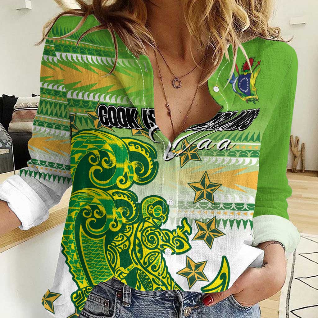 Personalised Cook Islands Va'a Race Women Casual Shirt Te Tatau Tattoos Sporty Style Green-White Color - Polynesian Pride