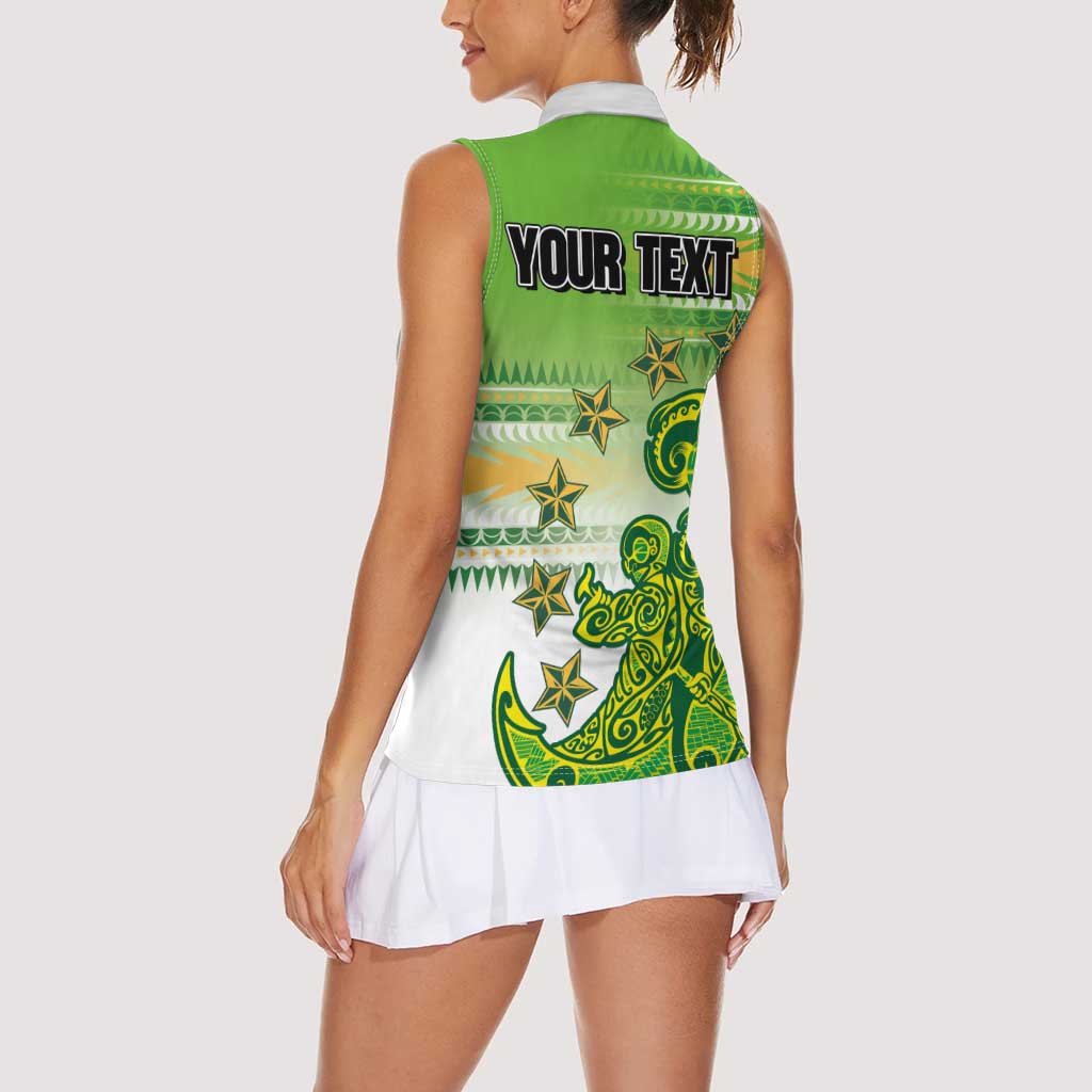 Personalised Cook Islands Va'a Race Women Sleeveless Polo Shirt Te Tatau Tattoos Sporty Style Green-White Color - Polynesian Pride