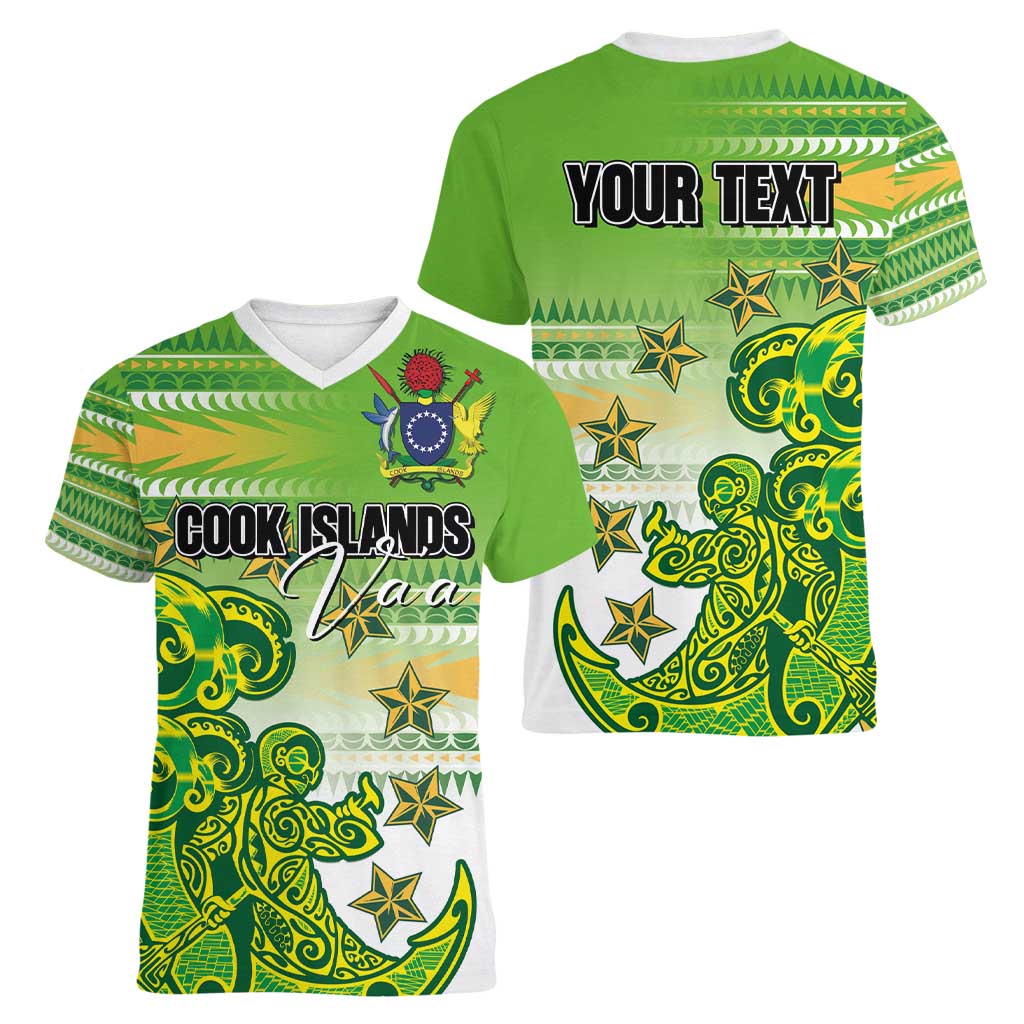 Personalised Cook Islands Va'a Race Women V-Neck T-Shirt Te Tatau Tattoos Sporty Style Green-White Color - Polynesian Pride