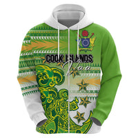 Personalised Cook Islands Va'a Race Zip Hoodie Te Tatau Tattoos Sporty Style Green-White Color - Polynesian Pride