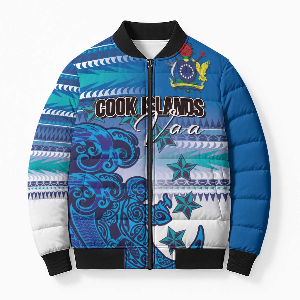 Personalised Cook Islands Va'a Race Bomber Puffer Jacket Te Tatau Tattoos Sporty Style Light Blue Color - Polynesian Pride