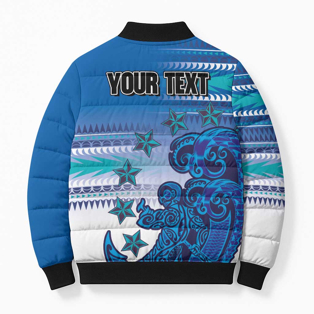 Personalised Cook Islands Va'a Race Bomber Puffer Jacket Te Tatau Tattoos Sporty Style Light Blue Color - Polynesian Pride