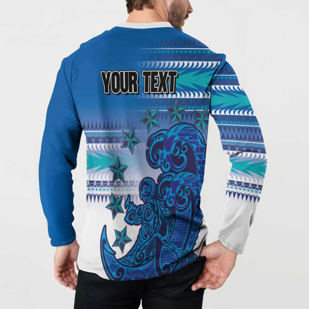 Personalised Cook Islands Va'a Race Button Sweatshirt Te Tatau Tattoos Sporty Style Light Blue Color - Polynesian Pride