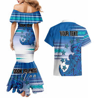 Personalised Cook Islands Va'a Race Couples Matching Mermaid Dress and Hawaiian Shirt Te Tatau Tattoos Sporty Style Light Blue Color - Polynesian Pride