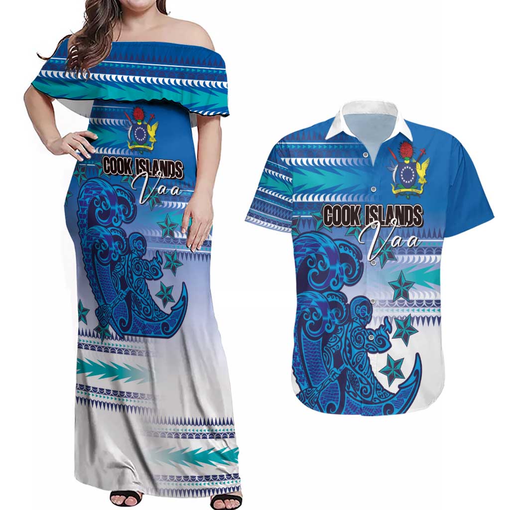 Personalised Cook Islands Va'a Race Couples Matching Off Shoulder Maxi Dress and Hawaiian Shirt Te Tatau Tattoos Sporty Style Light Blue Color - Polynesian Pride