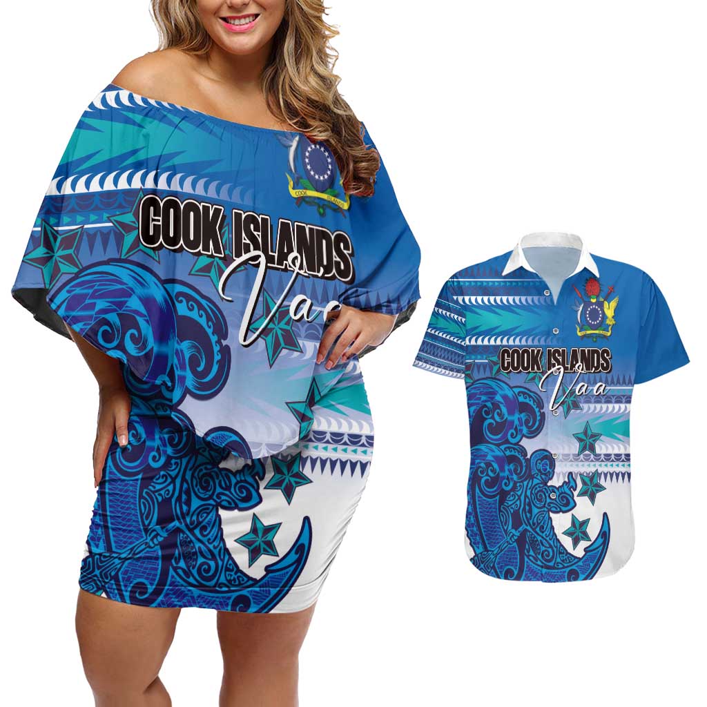 Personalised Cook Islands Va'a Race Couples Matching Off Shoulder Short Dress and Hawaiian Shirt Te Tatau Tattoos Sporty Style Light Blue Color - Polynesian Pride