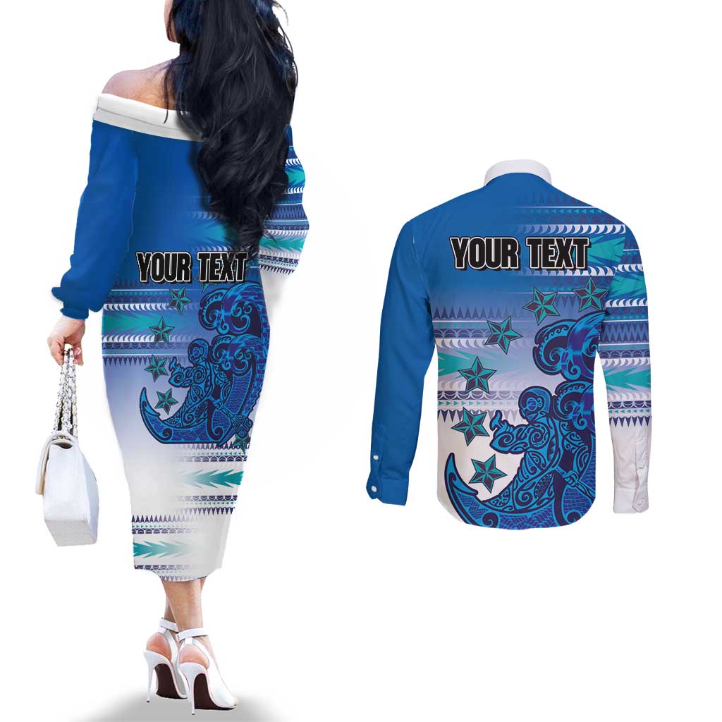 Personalised Cook Islands Va'a Race Couples Matching Off The Shoulder Long Sleeve Dress and Long Sleeve Button Shirt Te Tatau Tattoos Sporty Style Light Blue Color - Polynesian Pride