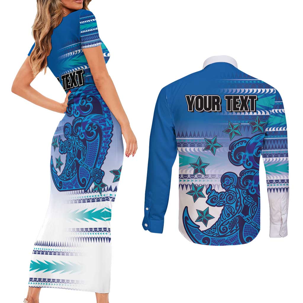 Personalised Cook Islands Va'a Race Couples Matching Short Sleeve Bodycon Dress and Long Sleeve Button Shirt Te Tatau Tattoos Sporty Style Light Blue Color - Polynesian Pride