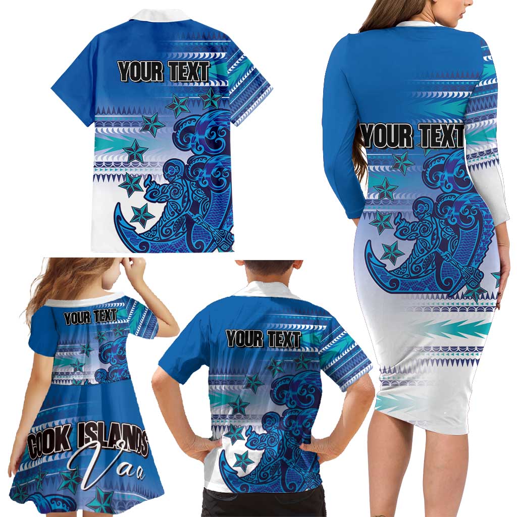 Personalised Cook Islands Va'a Race Family Matching Long Sleeve Bodycon Dress and Hawaiian Shirt Te Tatau Tattoos Sporty Style Light Blue Color - Polynesian Pride