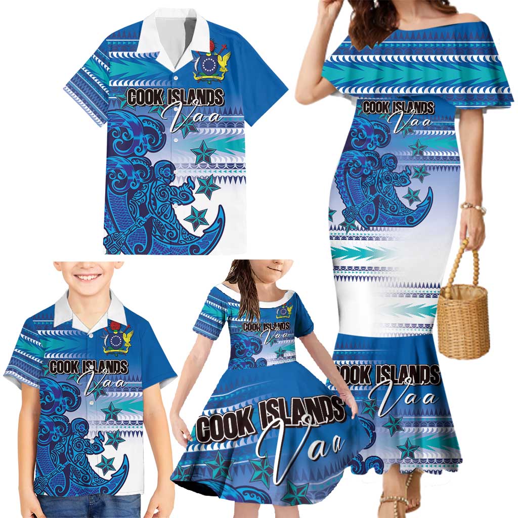 Personalised Cook Islands Va'a Race Family Matching Mermaid Dress and Hawaiian Shirt Te Tatau Tattoos Sporty Style Light Blue Color - Polynesian Pride