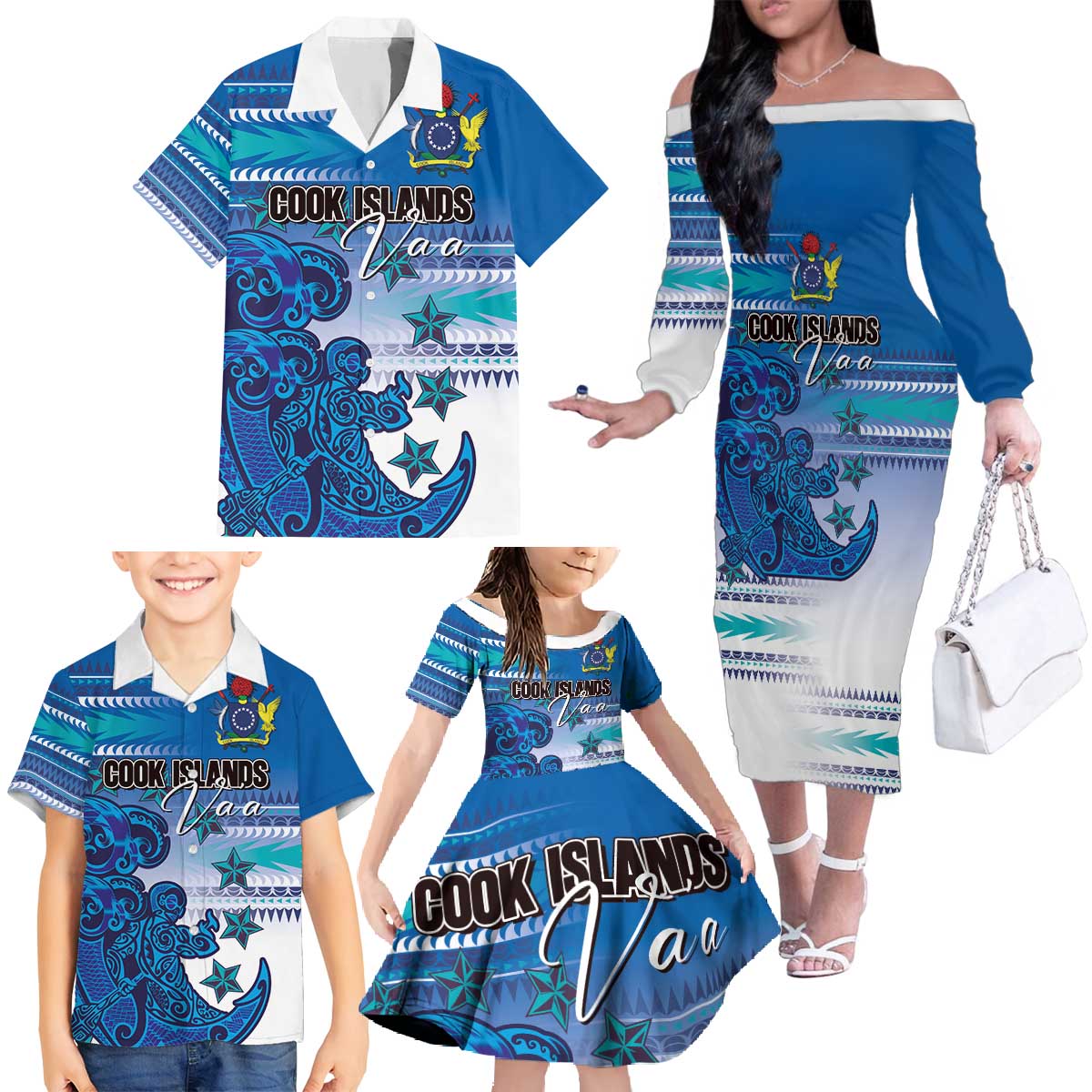Personalised Cook Islands Va'a Race Family Matching Off The Shoulder Long Sleeve Dress and Hawaiian Shirt Te Tatau Tattoos Sporty Style Light Blue Color - Polynesian Pride